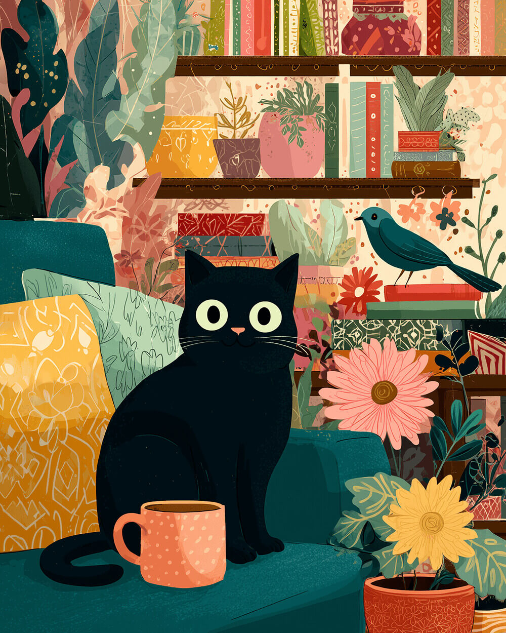 Retro cat and plants cross stitch kit for beginners