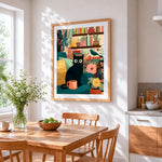 Retro cat and plants cross stitch artwork displayed on wall as home decor