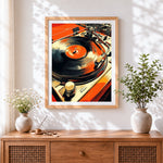 Finished retro dj turntable cross stitch artwork displayed
