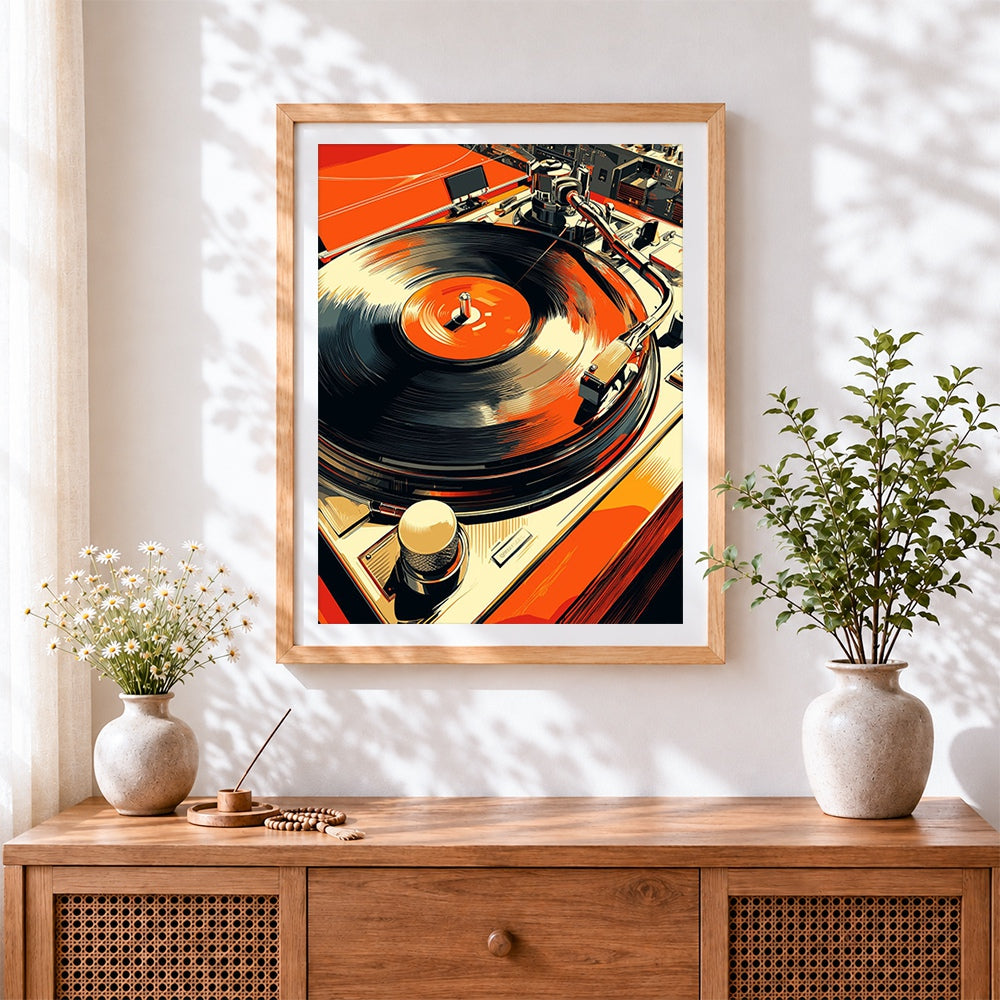 Finished retro dj turntable cross stitch artwork displayed