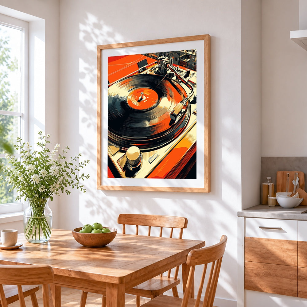 Retro dj turntable cross stitch artwork displayed on wall as home decor
