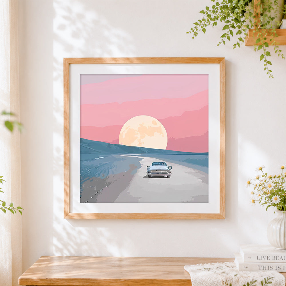 Finished retro drive to the moon cross stitch artwork displayed