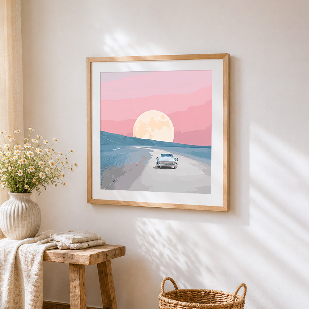 Retro drive to the moon cross stitch artwork displayed on wall as home decor