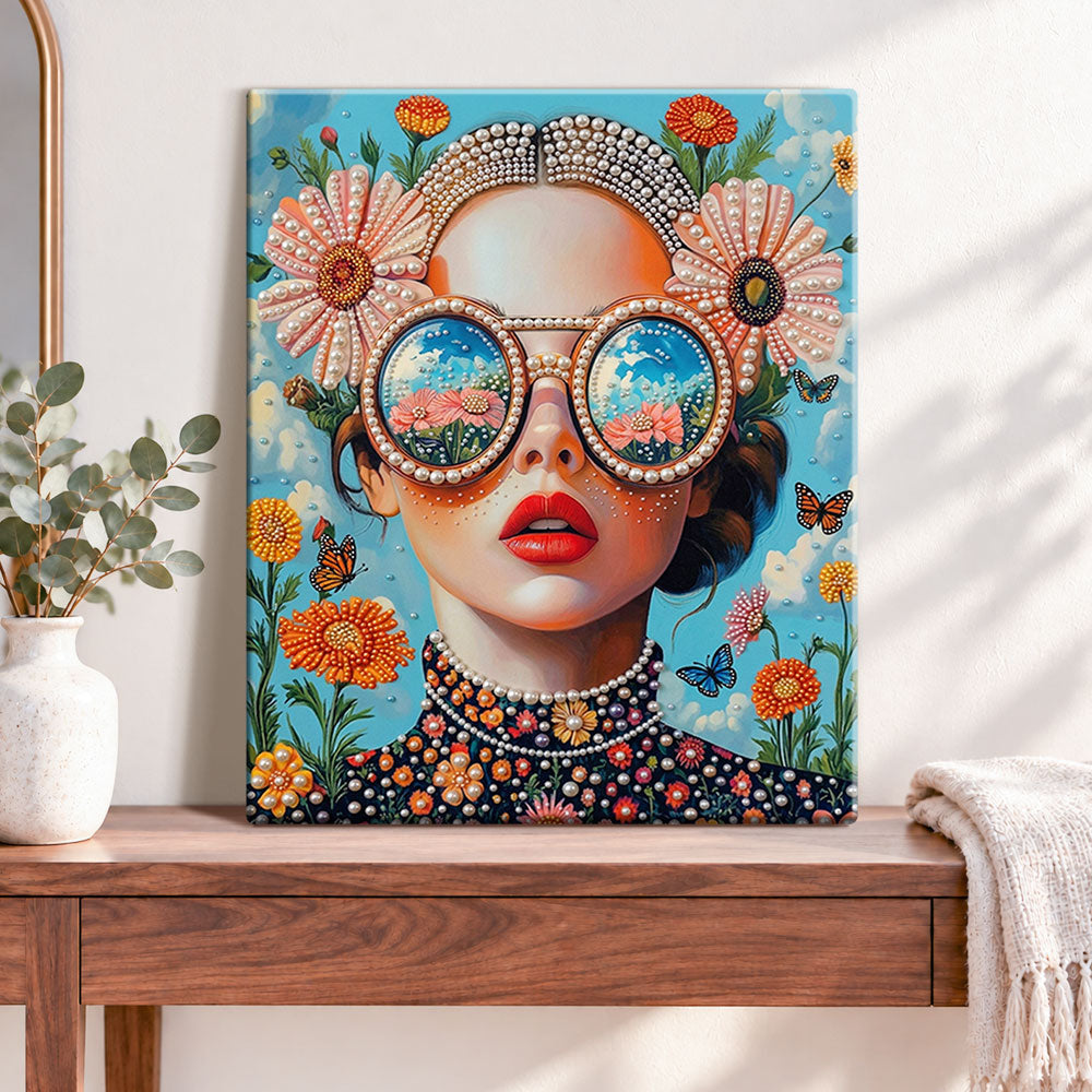 Finished retro floral portrait pearl diamond painting artwork displayed as home decor