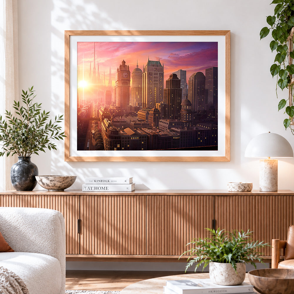 Finished retro-futuristic metropolis at sunrise cross stitch artwork displayed