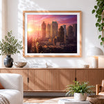 Finished retro-futuristic metropolis at sunrise cross stitch artwork displayed