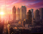 Retro-futuristic metropolis at sunrise cross stitch kit for beginners
