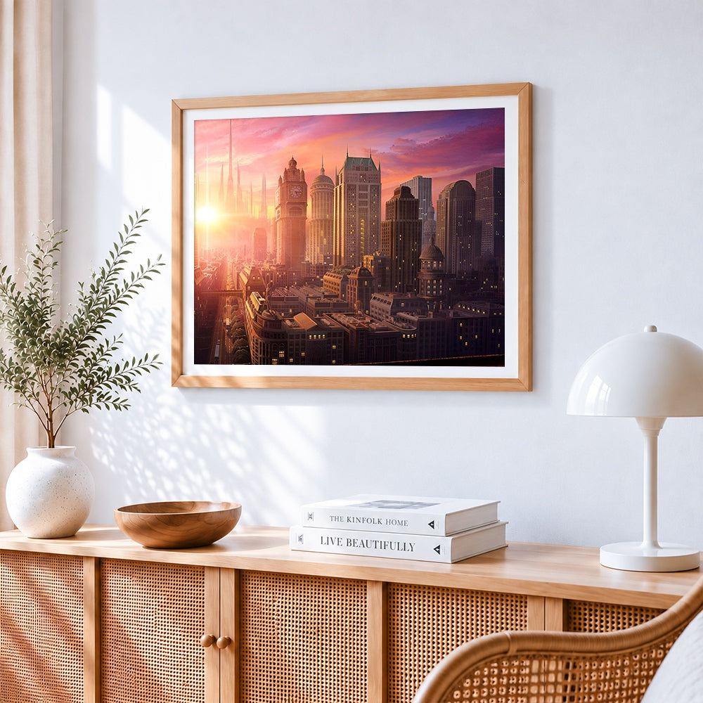 Retro-futuristic metropolis at sunrise cross stitch artwork displayed on wall as home decor