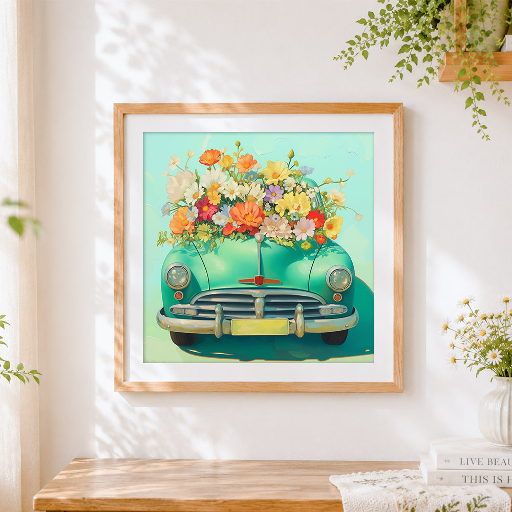 Finished retro green car full of flowers cross stitch artwork displayed