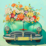 Retro green car full of flowers cross stitch kit for beginners
