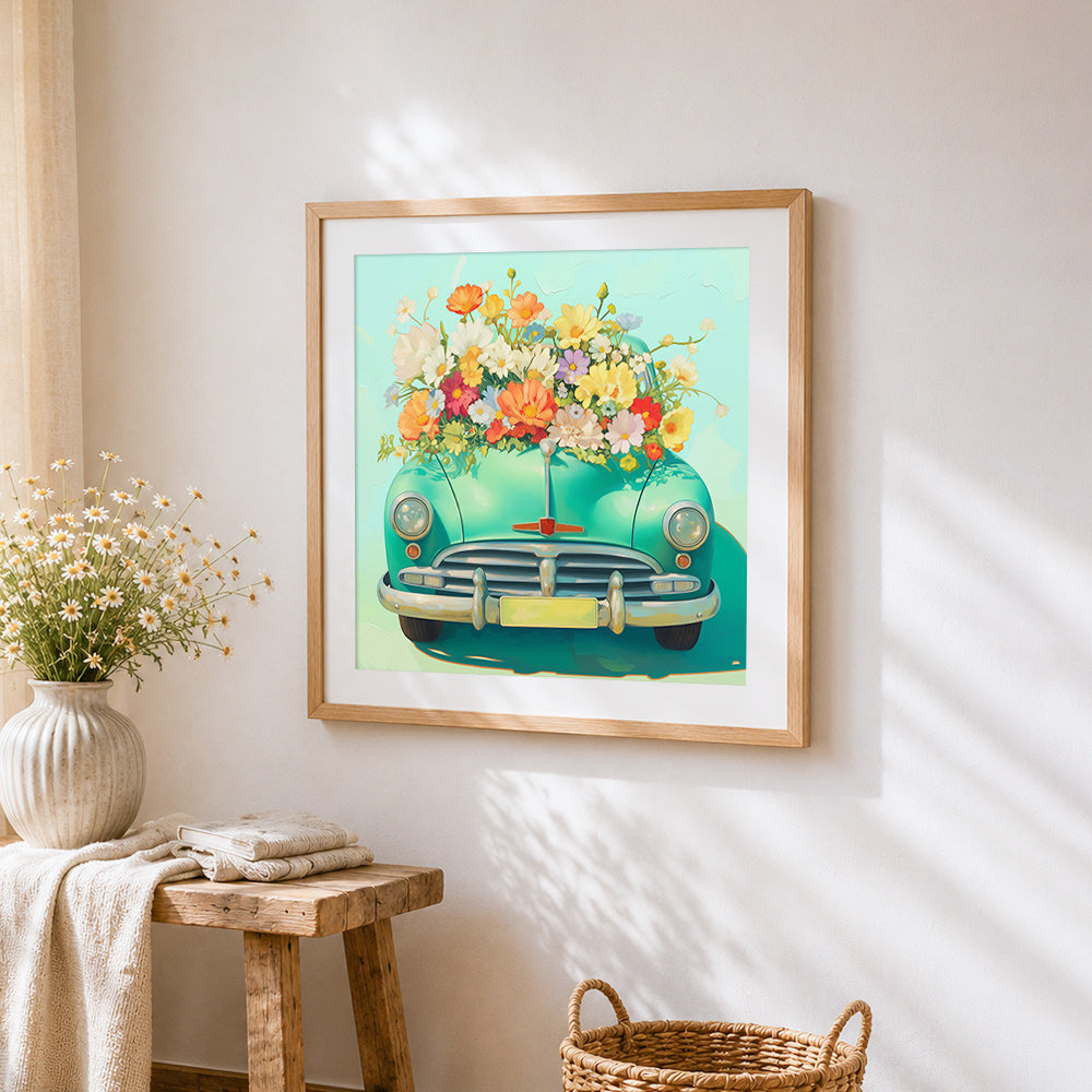 Retro green car full of flowers cross stitch artwork displayed on wall as home decor