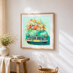 Retro green car full of flowers cross stitch artwork displayed on wall as home decor