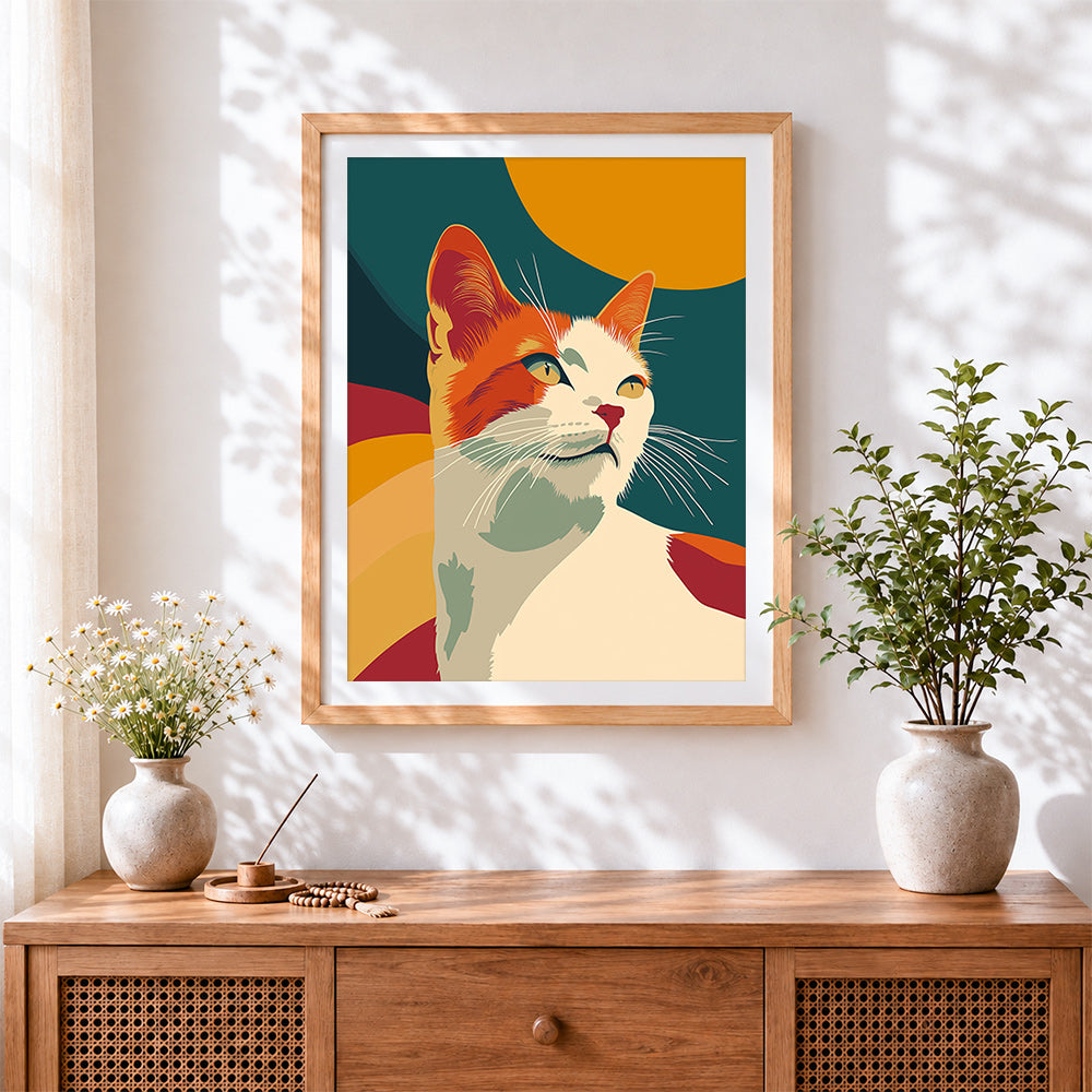 Finished retro orange and white cat cross stitch artwork displayed