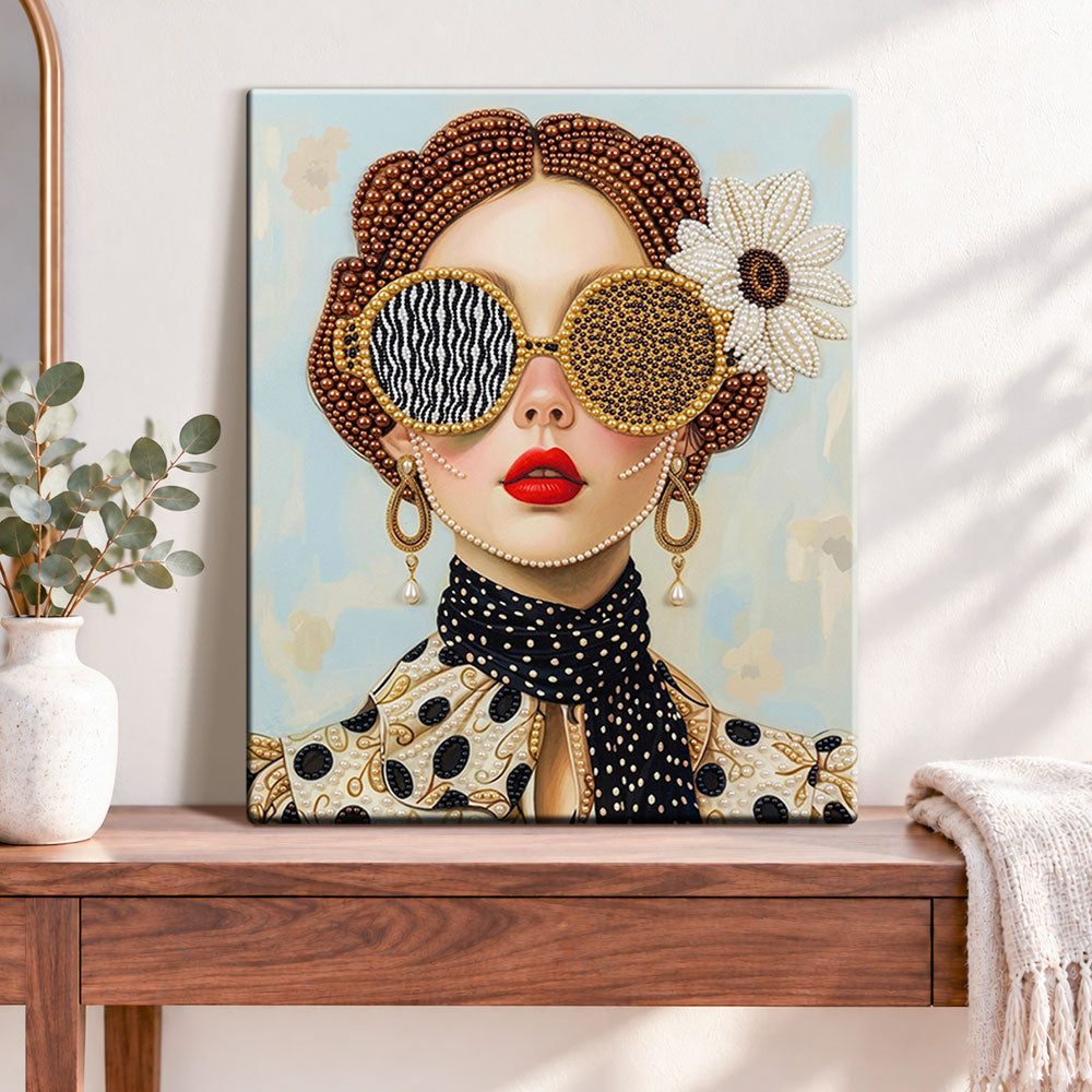 Finished retro pearled fashion pearl diamond painting artwork displayed as home decor