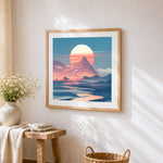 Retro pink sunset and mountain cross stitch artwork displayed on wall as home decor