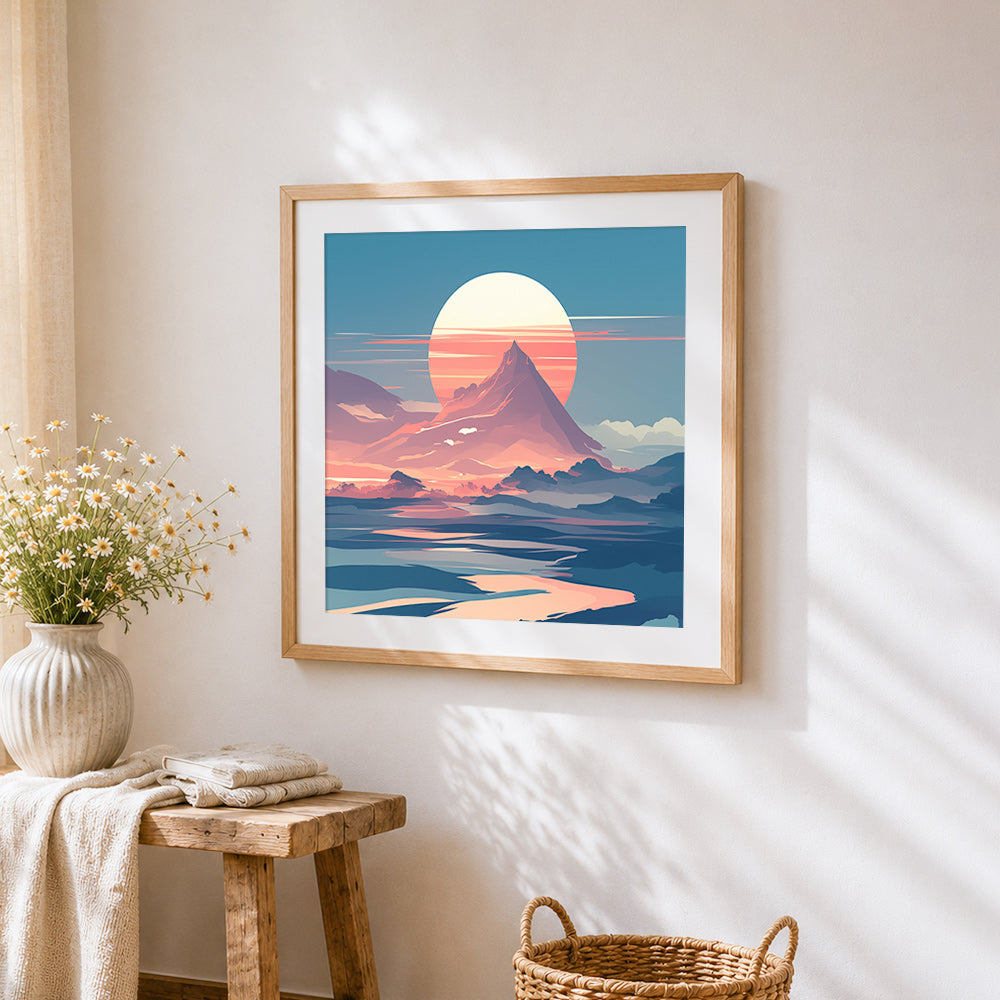 Retro pink sunset and mountain cross stitch artwork displayed on wall as home decor