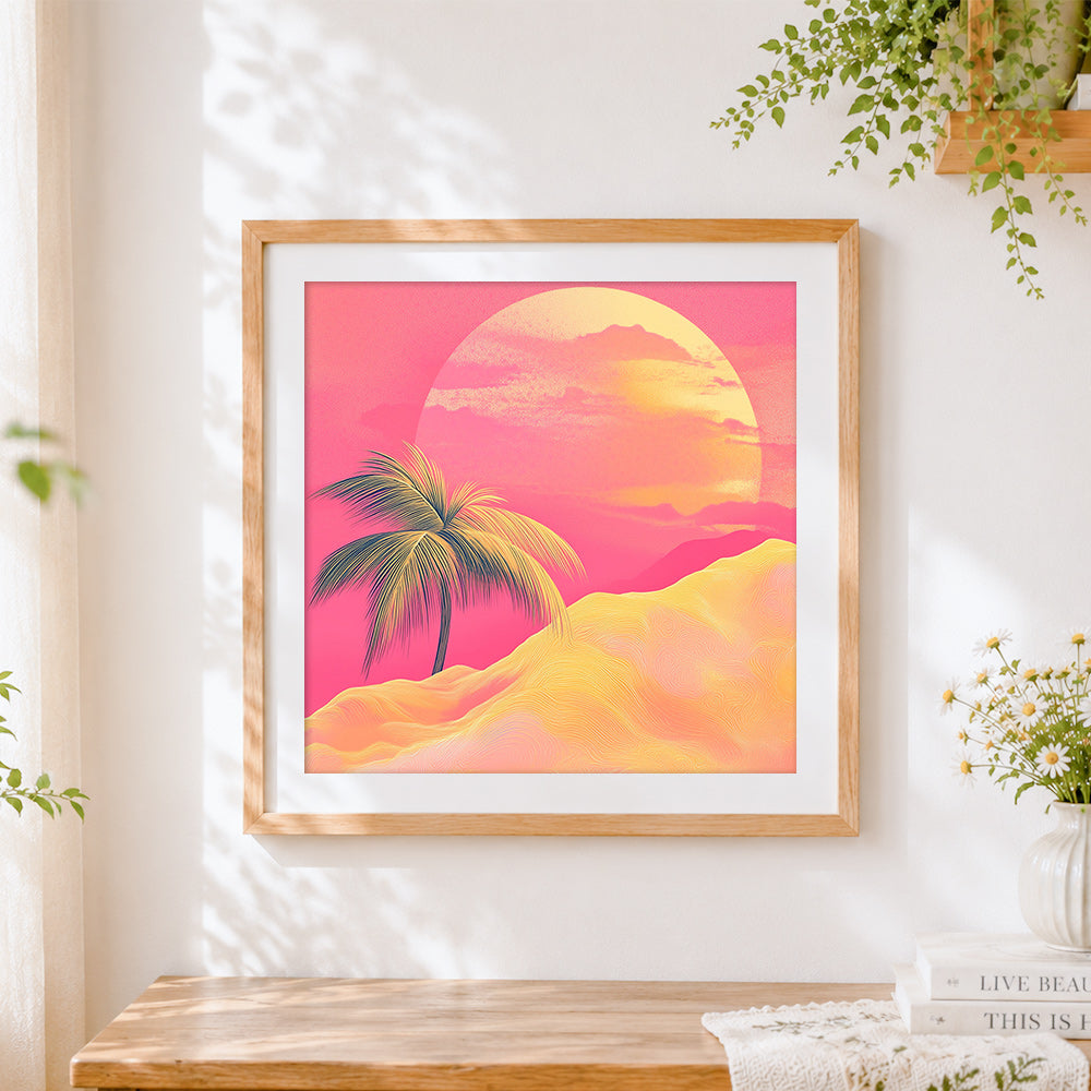 Finished retro pink sunset and palm cross stitch artwork displayed