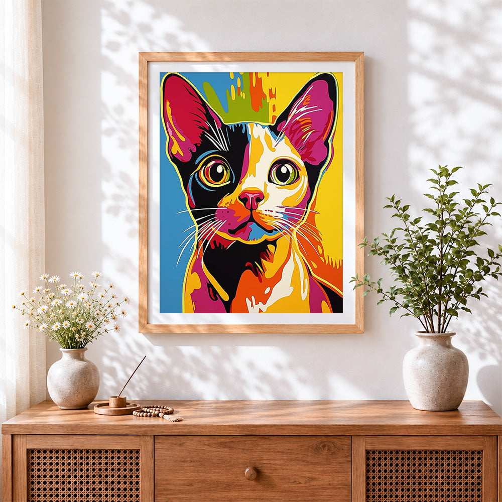 Finished retro pop art cat portrait cross stitch artwork displayed