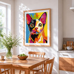 Retro pop art cat portrait cross stitch artwork displayed on wall as home decor