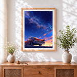 Finished retro red classic car under starry night cross stitch artwork displayed