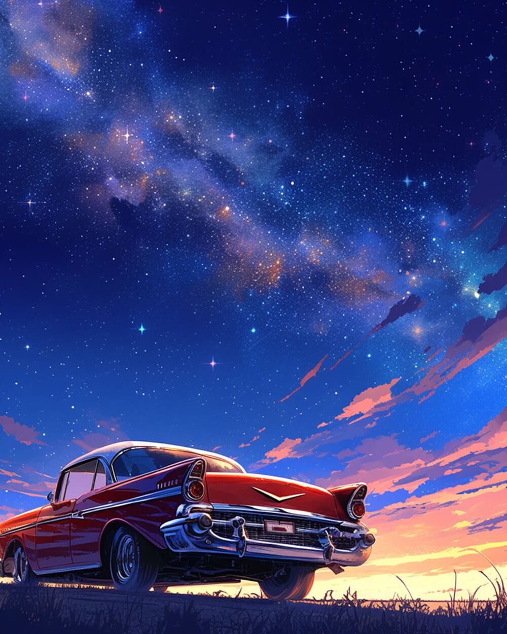 Retro red classic car under starry night cross stitch kit for beginners