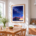 Retro red classic car under starry night cross stitch artwork displayed on wall as home decor