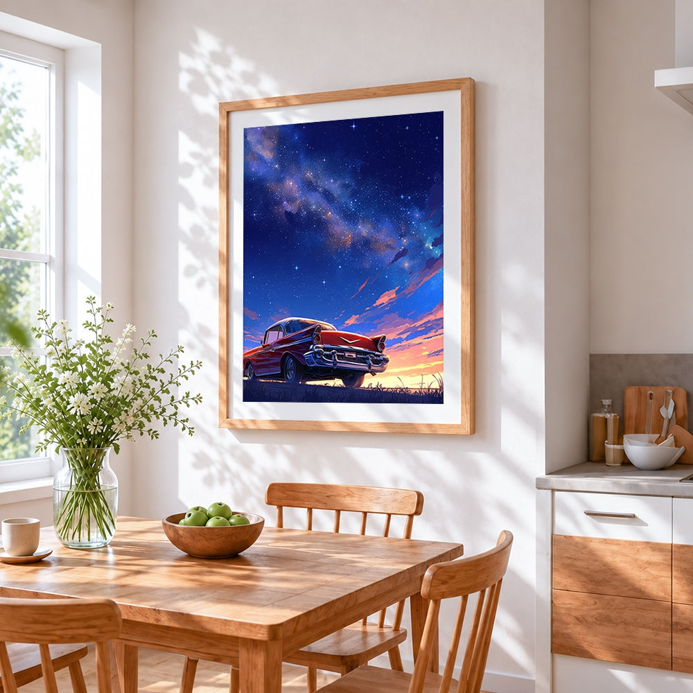 Retro red classic car under starry night cross stitch artwork displayed on wall as home decor