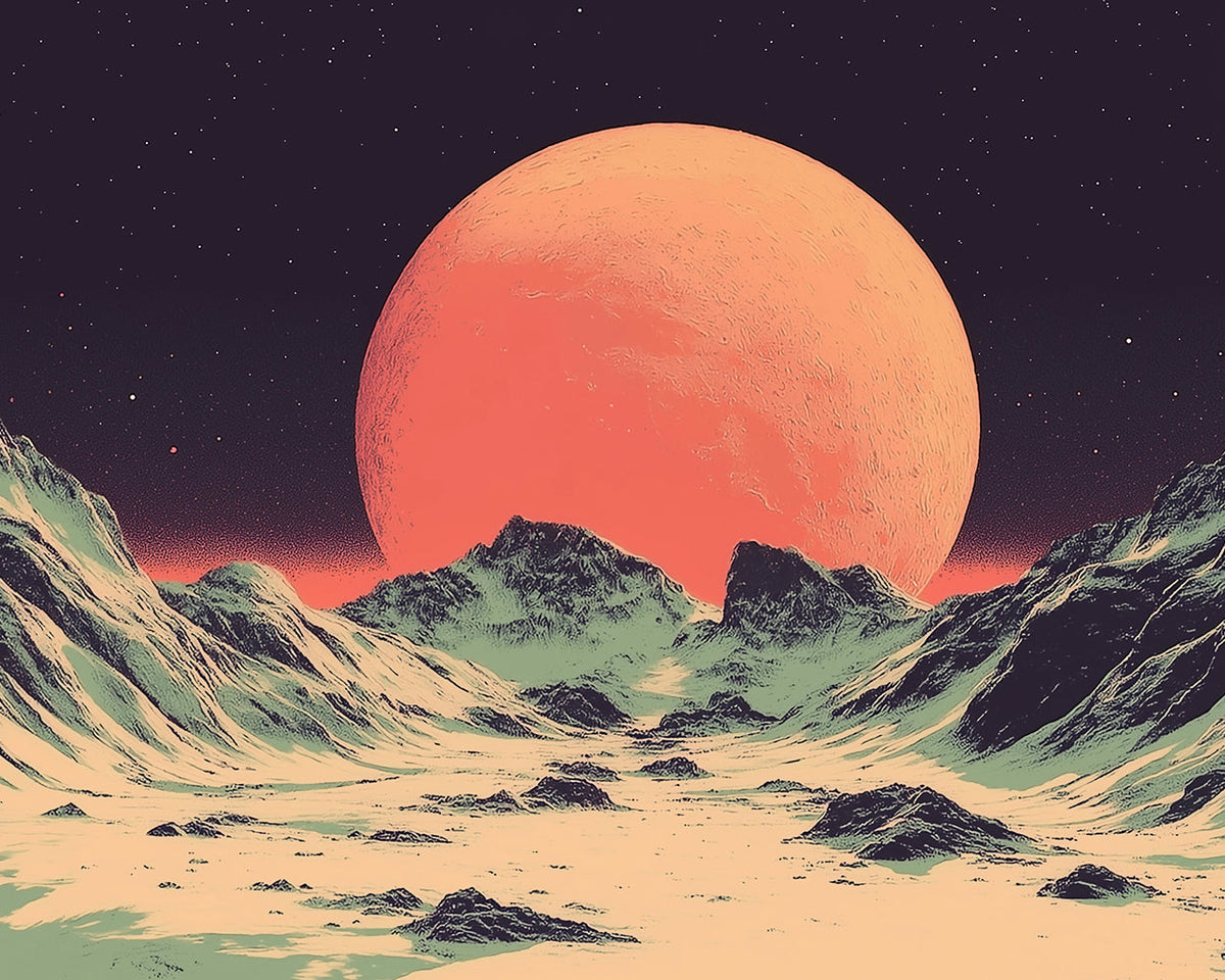 Retro sci-fi orange moon and mountains cross stitch kit for beginners