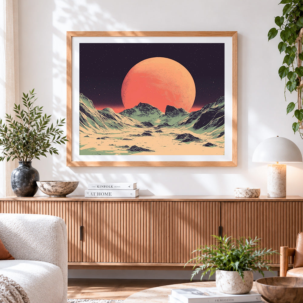 Finished retro sci fi orange moon and mountains paint by numbers artwork displayed as home decor