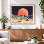 Finished retro sci fi orange moon and mountains paint by numbers artwork displayed as home decor