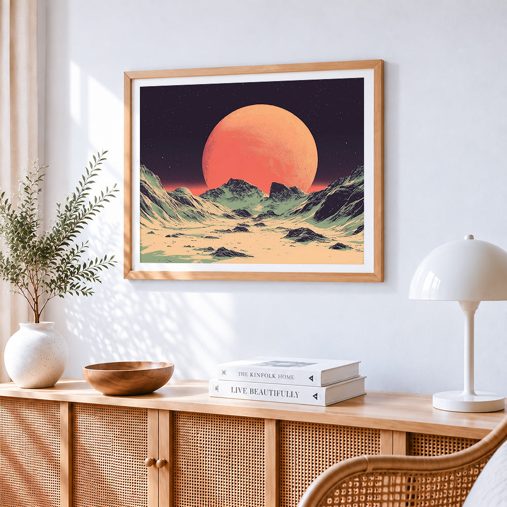 Retro sci fi orange moon and mountains paint by numbers artwork displayed on wall as home decor