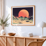 Retro sci fi orange moon and mountains paint by numbers artwork displayed on wall as home decor