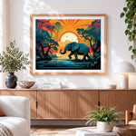 Finished retro style elephant at sunset cross stitch artwork displayed