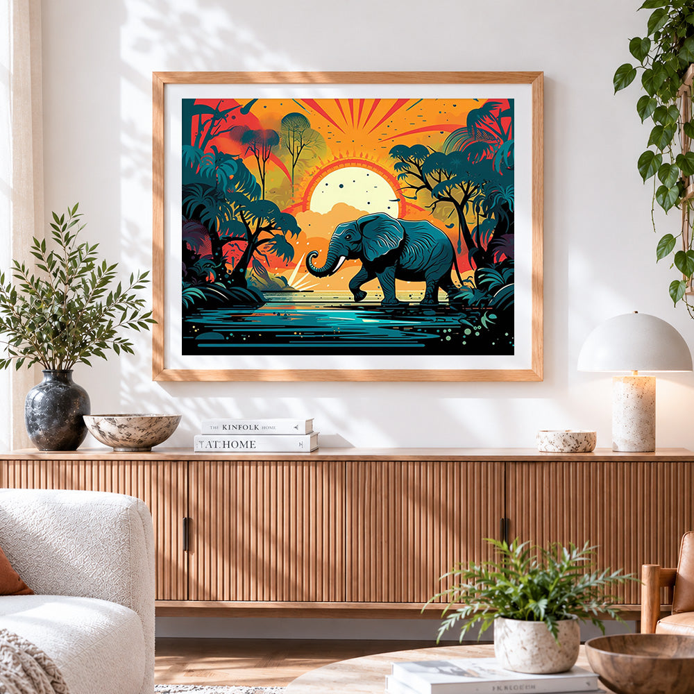 Finished retro style elephant at sunset cross stitch artwork displayed