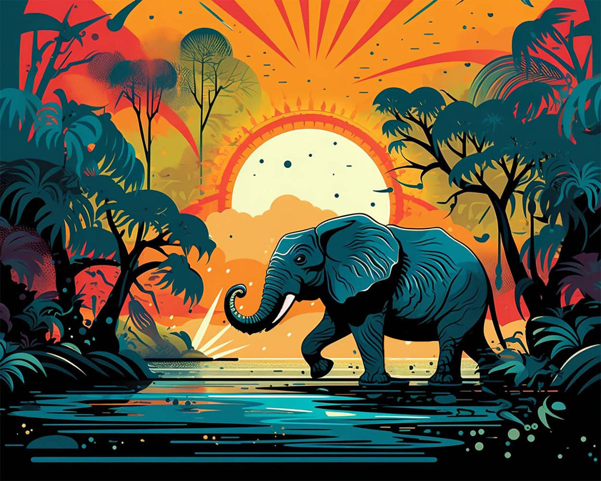 Retro style elephant at sunset cross stitch kit for beginners