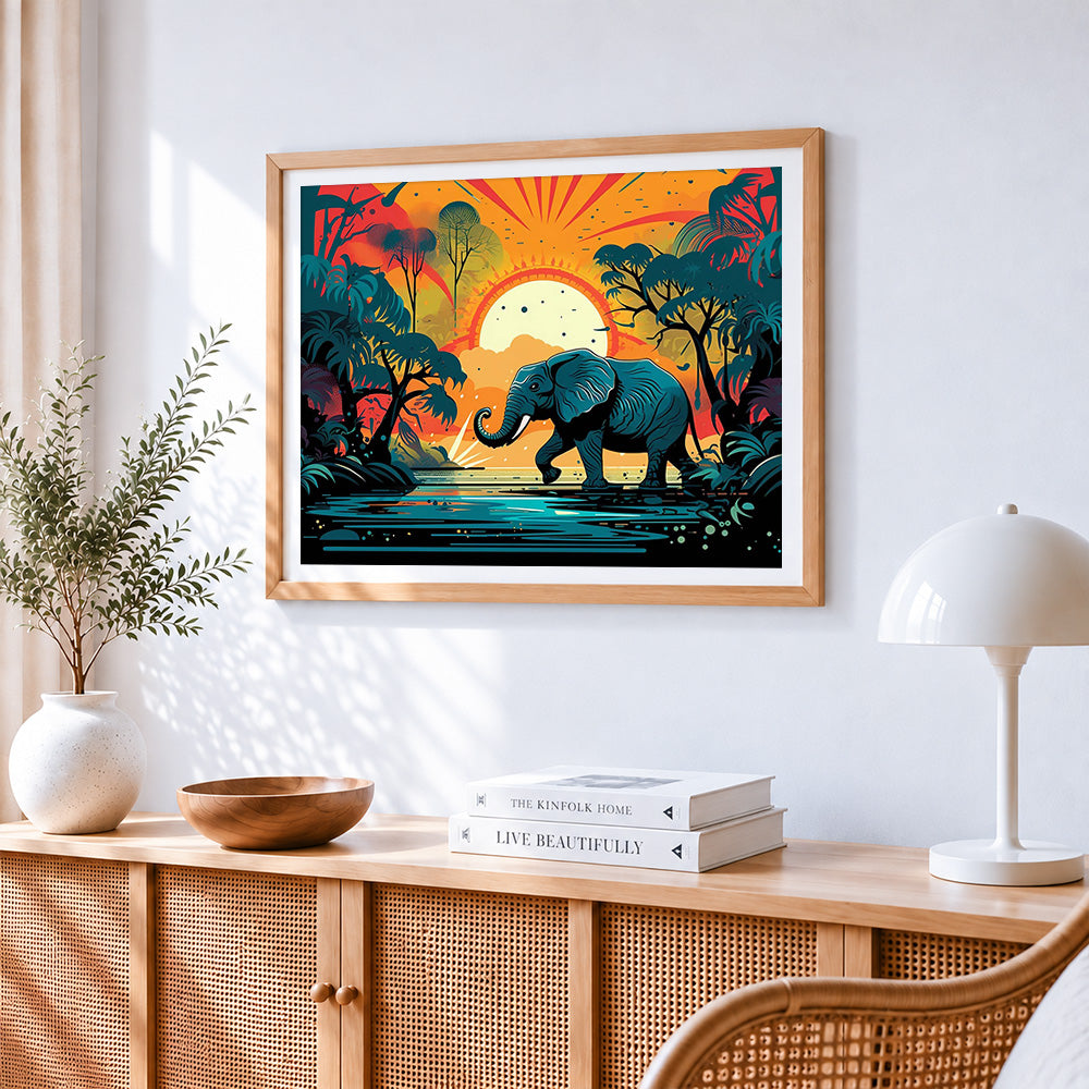 Retro style elephant at sunset cross stitch artwork displayed on wall as home decor