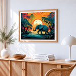 Retro style elephant at sunset cross stitch artwork displayed on wall as home decor
