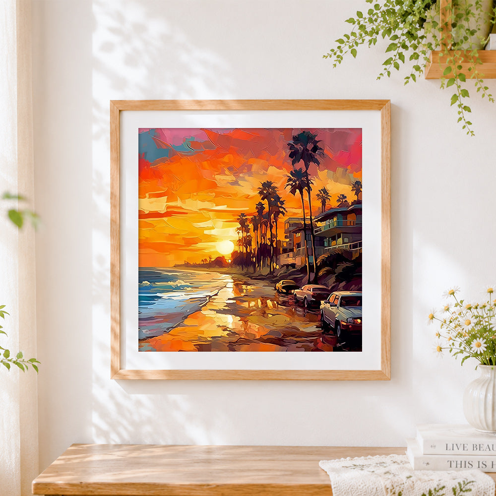 Finished retro sunset beach with cars cross stitch artwork displayed