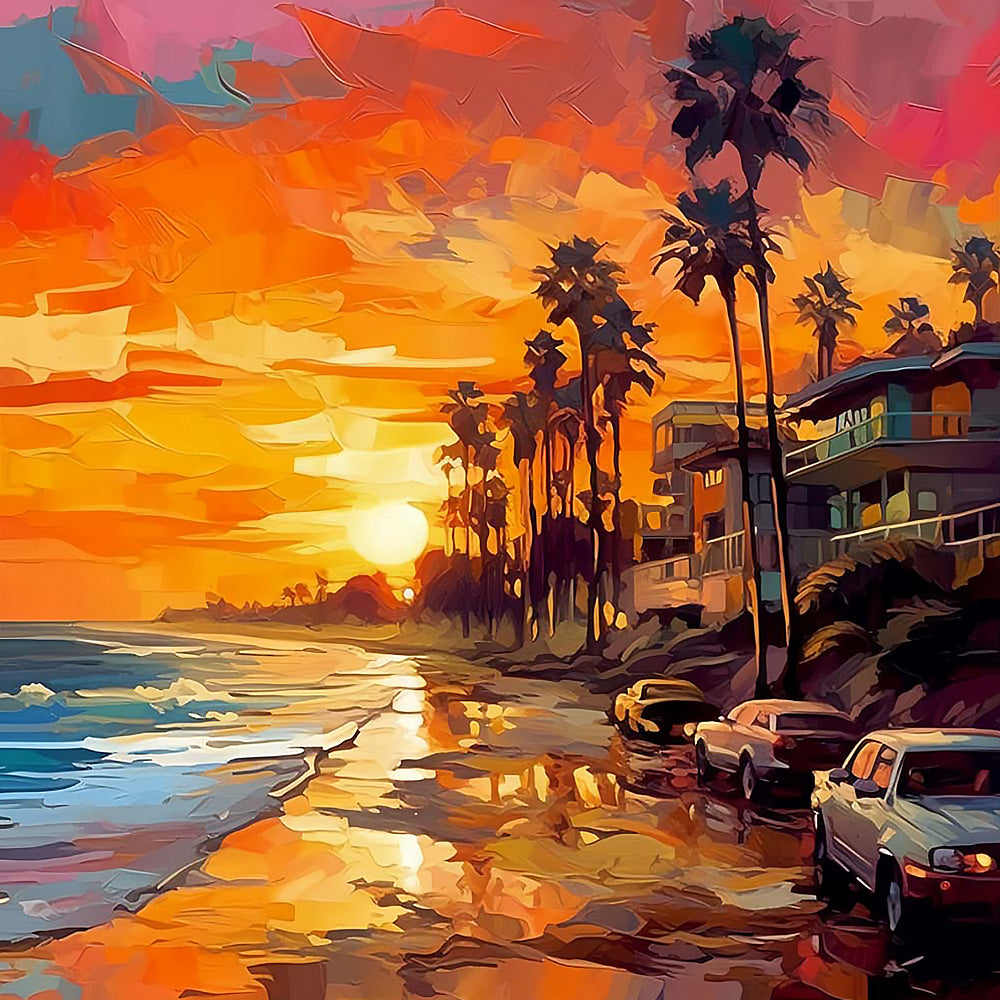Retro sunset beach with cars cross stitch kit for beginners