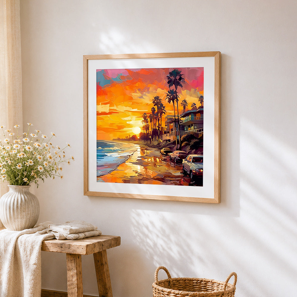 Retro sunset beach with cars cross stitch artwork displayed on wall as home decor