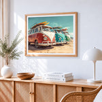 Retro surf vans cross stitch artwork displayed on wall as home decor