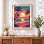 Finished retro tropical palm tree sunset cross stitch artwork displayed