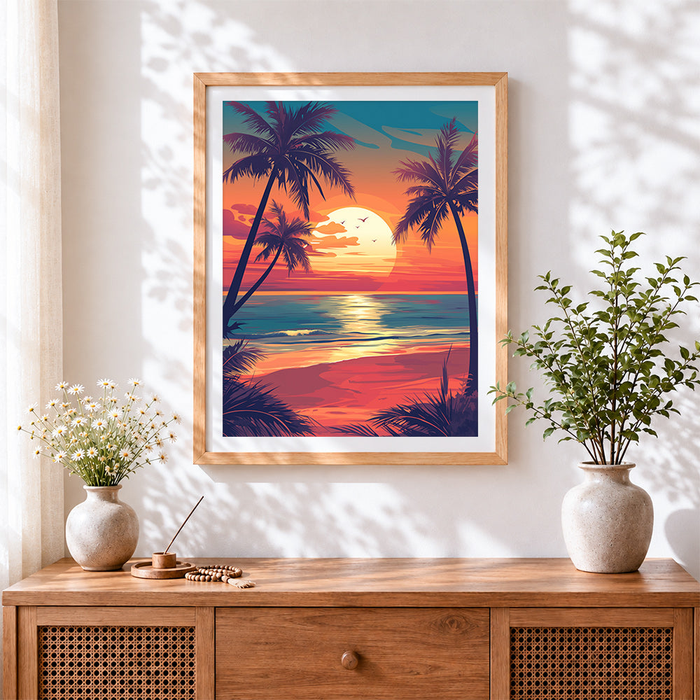 Finished retro tropical palm tree sunset cross stitch artwork displayed