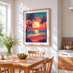 Retro tropical palm tree sunset cross stitch artwork displayed on wall as home decor