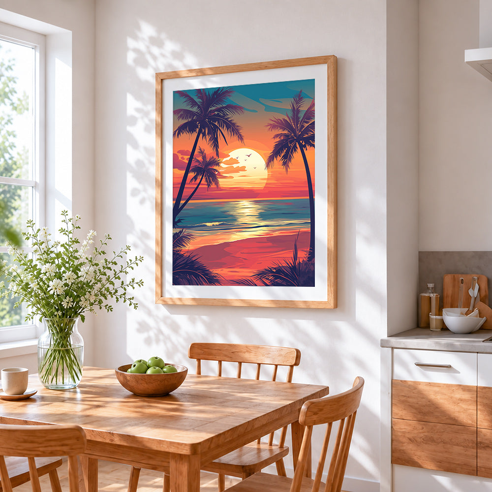 Retro tropical palm tree sunset cross stitch artwork displayed on wall as home decor