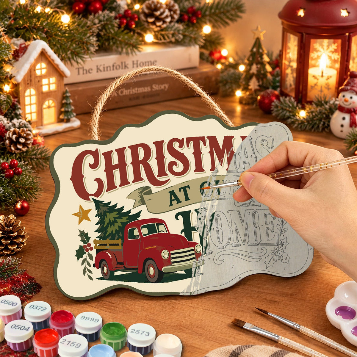 Retro truck holiday paint by numbers door hanger painting process