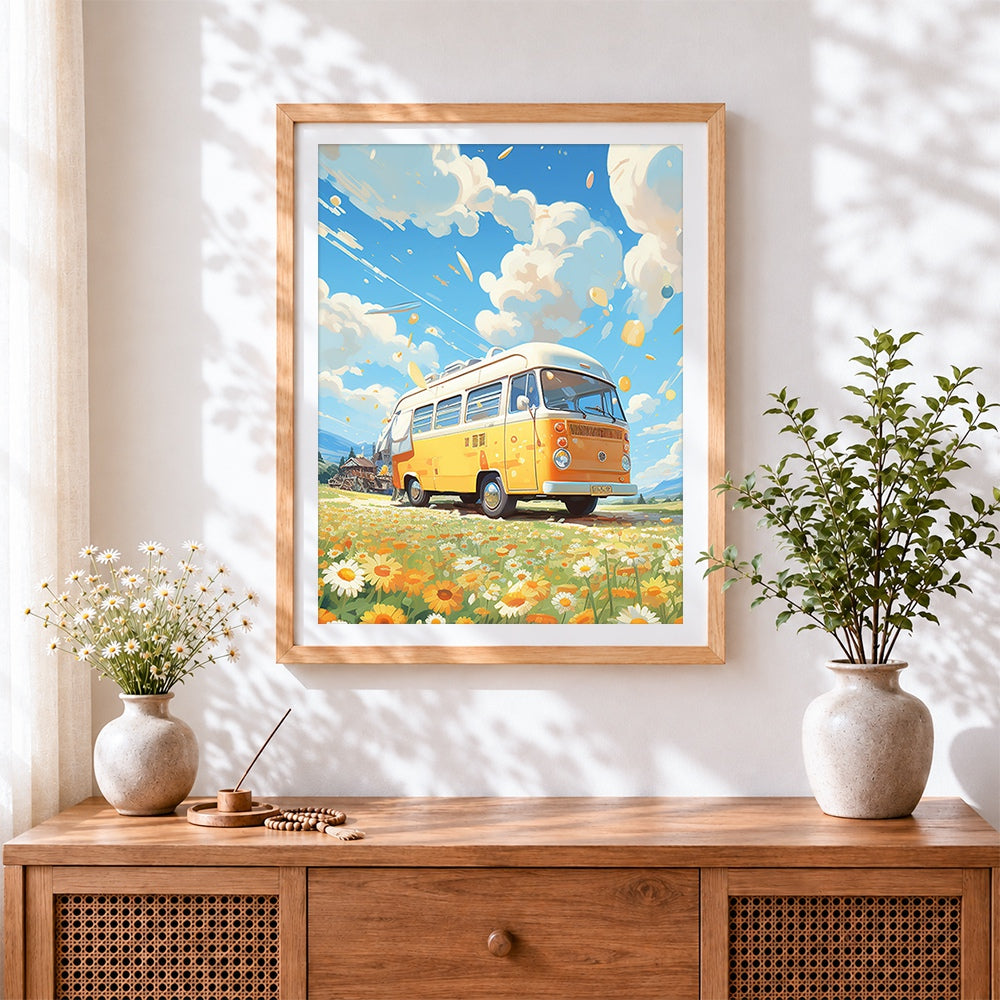 Finished retro yellow camper van cross stitch artwork displayed