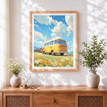 Finished retro yellow camper van cross stitch artwork displayed
