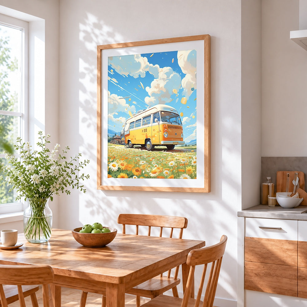 Retro yellow camper van cross stitch artwork displayed on wall as home decor
