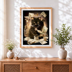 Finished rich black cat cross stitch artwork displayed